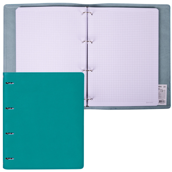 Тетрадь на кольцах БОЛЬШАЯ А4 (240х310 мм), 120 листов, под кожу, клетка, BRAUBERG "Joy", бирюзовый/серо-голубой, 404507 - Тетради на кольцах и сменные блоки к ним