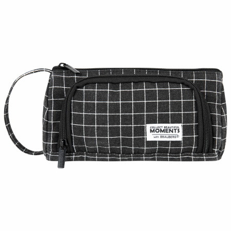Пенал-косметичка BRAUBERG с ручкой, 1 откидная планка, полиэстер, 22x10х8 см, "Checkered black", 271559 - Пеналы мягкие