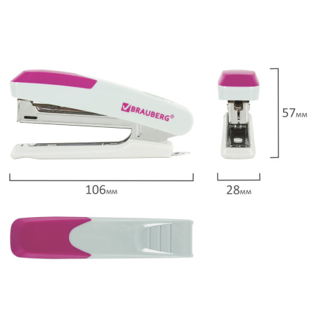 Степлер №10 BRAUBERG "Delta", до 12 листов, с резиновой накладкой и антистеплером, серый, розовая вставка, 222556 - Степлеры настольные