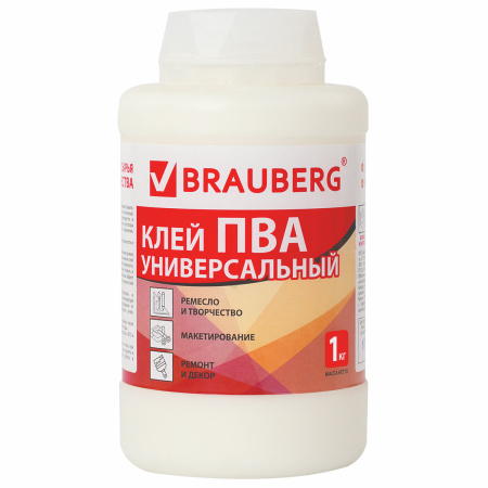 Клей ПВА BRAUBERG, 1 кг, универсальный (бумага, картон, дерево), 600983 - Клей ПВА