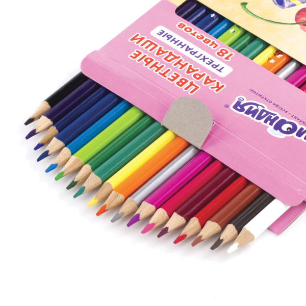 Карандаши цветные ЮНЛАНДИЯ "СЛАДКИЕ ИСТОРИИ", 18 цветов, трехгранные заточенные, 181394 - Карандаши цветные