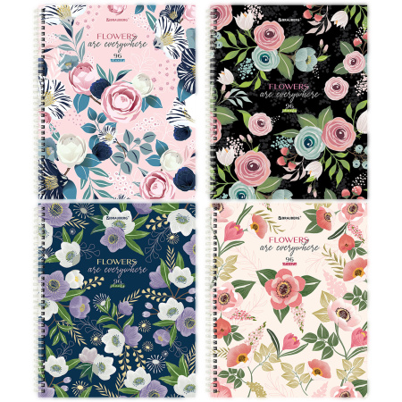 Тетрадь А5 96 л. BRAUBERG, гребень, клетка, твёрдая обложка, "Flowers" (4 вида в спайке), 404444 - Тетради более 60 листов