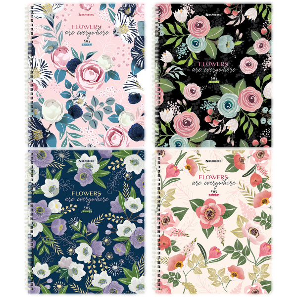 Тетрадь А5 96 л. BRAUBERG, гребень, клетка, твёрдая обложка, "Flowers" (4 вида в спайке), 404444 - Тетради более 60 листов