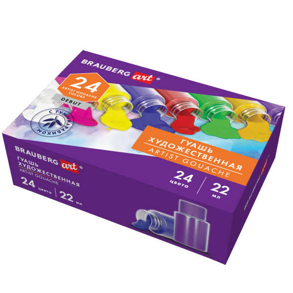 Гуашь художественная НАБОР 24 цвета по 22 мл, с гуммиарабиком, BRAUBERG ART DEBUT, 192355 - Гуашь художественная в наборах