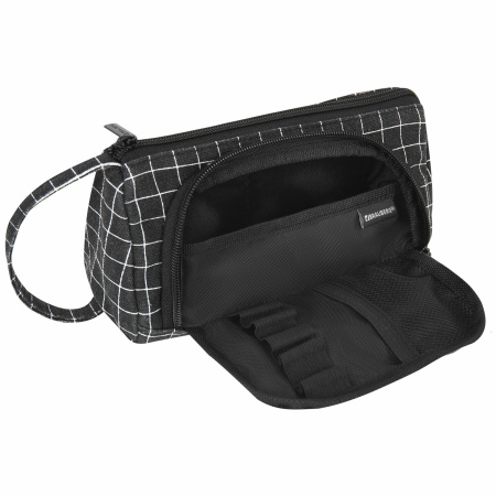 Пенал-косметичка BRAUBERG с ручкой, 1 откидная планка, полиэстер, 22x10х8 см, "Checkered black", 271559 - Пеналы мягкие