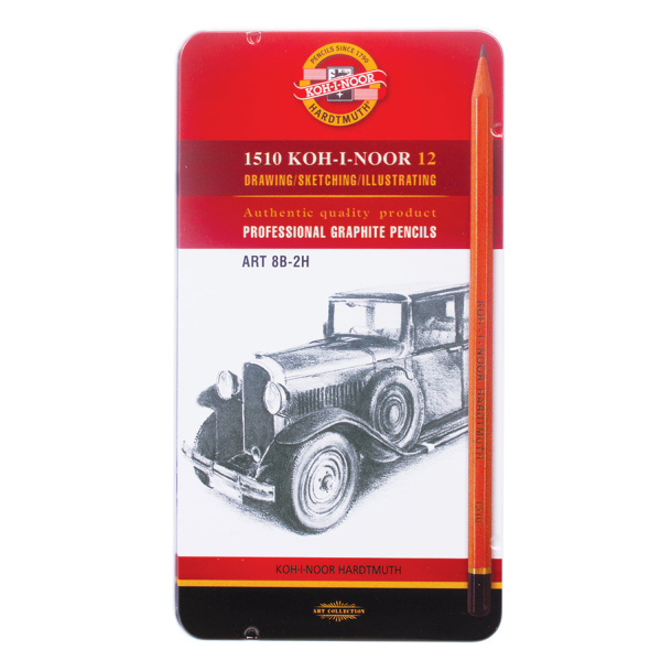 Карандаши чернографитные KOH-I-NOOR, НАБОР 12 шт., "Art", 8В-2H, без резинки, металлическая коробка, 1512N12001PL - Карандаши чернографитные