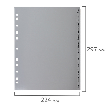 Разделитель пластиковый BRAUBERG, А4, 12 листов, Январь-Декабрь, оглавление, серый, РОССИЯ, 225599 - Разделители