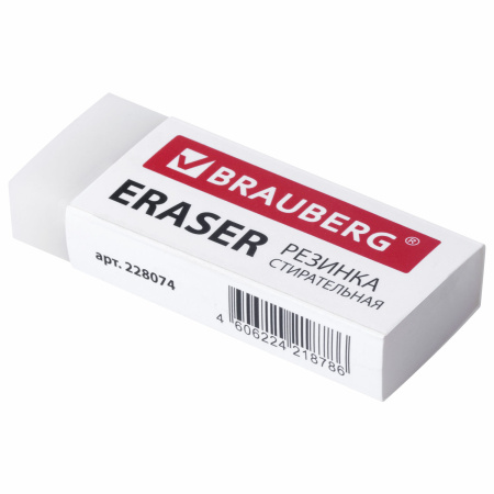 Ластик большой BRAUBERG EXTRA, 60х24х11 мм, белый, прямоугольный, экологичный ПВХ, картонный держатель, 228074 - Ластики классические