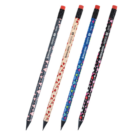 Карандаш чернографитный BRAUBERG "HEARTS", 1 шт., HB, с ластиком, корпус ассорти, 181762 - Карандаши чернографитные