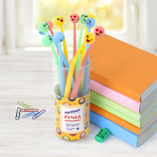 Ручка фигурная шариковая ЮНЛАНДИЯ "Смайлик", силиконовый корпус, ассорти, СИНЯЯ, пишущий узел 0,7 мм, 143793 - Ручки фигурные