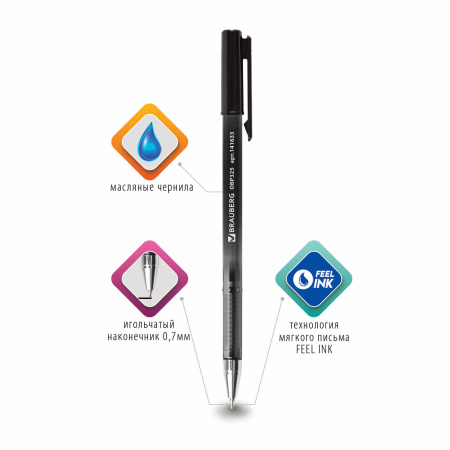 Ручка шариковая масляная BRAUBERG "Profi-Oil", ЧЕРНАЯ, корпус с печатью, узел 0,7 мм, линия письма 0,35 мм, 141633 - Ручки шариковые неавтоматические