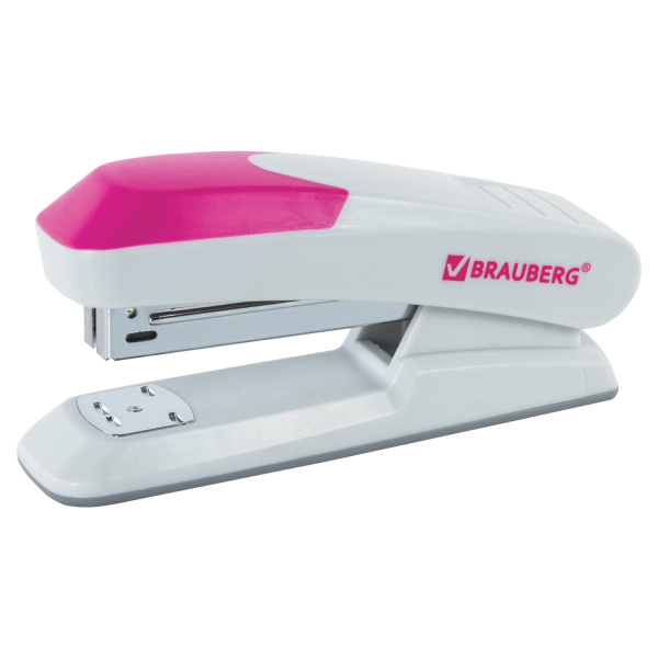 Степлер №24/6, 26/6 BRAUBERG "Delta", до 20 листов, с резиновой накладкой, серый, розовая вставка, 222557 - Степлеры настольные