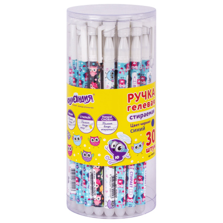 Ручка стираемая гелевая ЮНЛАНДИЯ "Совята", СИНЯЯ, корпус ассорти, узел 0,5 мм, линия письма 0,35 мм, 143658 - Ручки со стираемыми чернилами