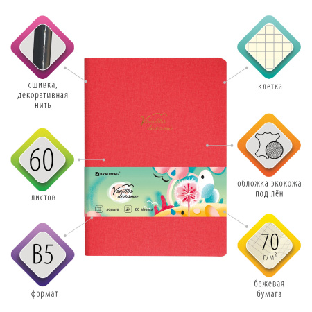 Тетрадь 60 л. в клетку обложка кожзам под лён, сшивка, B5 (179х250мм), КОРАЛЛОВЫЙ, BRAUBERG PASTEL, 403873 - Тетради более 60 листов