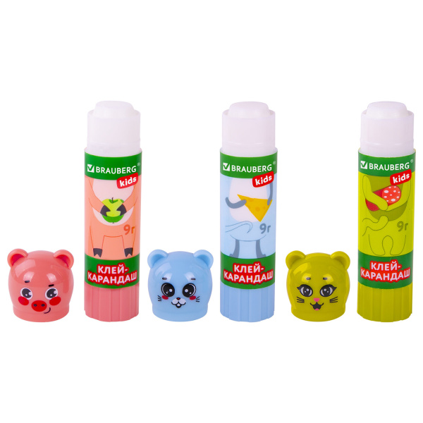Клей-карандаш "Зверята: кошка, мышка, хрюшка", 9 г, фигурный колпачок, BRAUBERG KIDS, 271138 - Клей-карандаш
