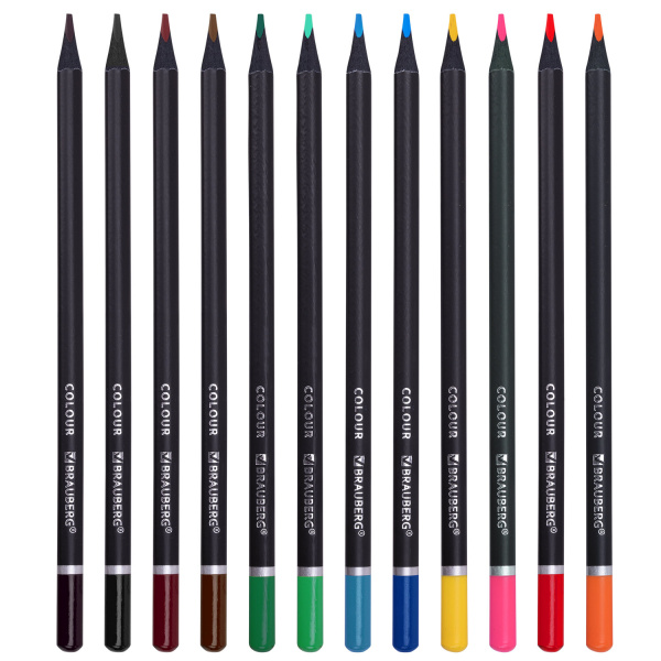 Карандаши цветные чёрное дерево BRAUBERG BLACK WOOD, 12 цветов, трехгранный корпус, грифель мягкий 3 мм, 181948 - Карандаши цветные