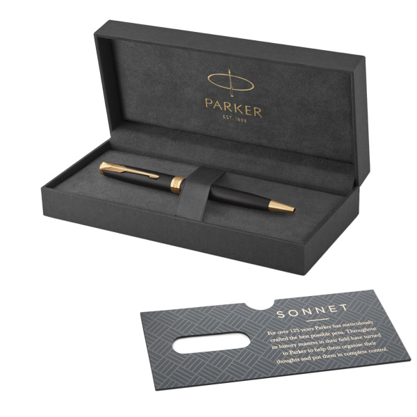 Ручка шариковая PARKER "Sonnet Core Matt Black GT", черный матовый лак, позолота, черная, 1931519 - Ручки шариковые подарочные