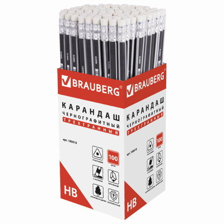 Карандаш чернографитный BRAUBERG, 1 шт., "Alderida", НВ, трехгранный, с ластиком, корпус черный, заточенный, 180610 - Карандаши чернографитные