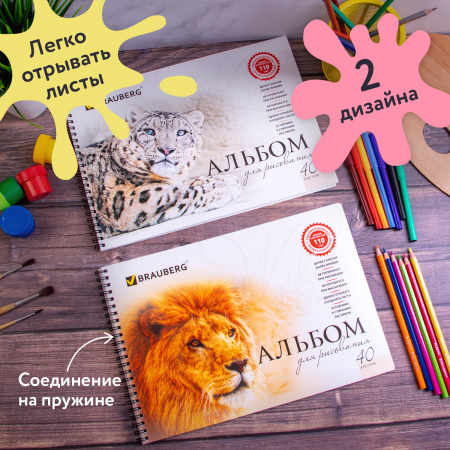 Альбомы для рисования А4 40 л., КОМПЛЕКТ 2 шт., гребень, обложка картон, BRAUBERG, 205х290 мм, "Хищники" (2 вида), 880028 - Альбомы и папки для рисования