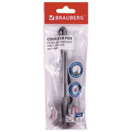 Ручка шариковая настольная BRAUBERG "Counter Pen", СИНЯЯ, пружинка, корпус серебристый, 0,5 мм, 143258 - Ручки шариковые на подставке