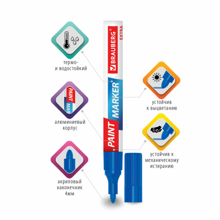 Маркер-краска лаковый EXTRA (paint marker) 4 мм, СИНИЙ, УСИЛЕННАЯ НИТРО-ОСНОВА, BRAUBERG, 151983 - Маркеры-краски лаковые