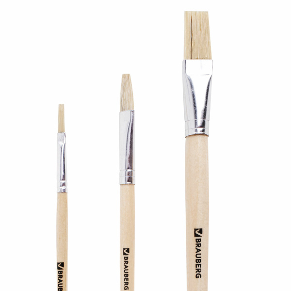 Кисти BRAUBERG, набор 3 шт. (щетина, плоские № 4, 8, 14), блистер, 200223 - Кисти для рисования