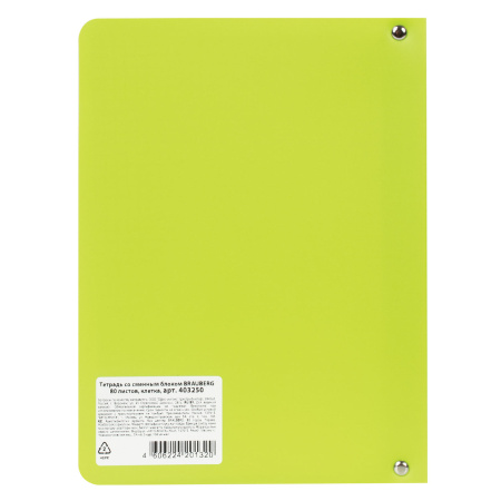 Тетрадь на кольцах А5 160х215 мм, 80 л., пластик, клетка, BRAUBERG, "Салатовый", 403250 - Тетради на кольцах и сменные блоки к ним