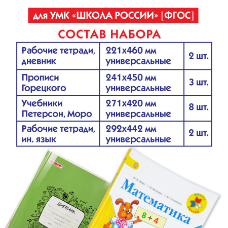 Набор обложек для начальных классов 15 шт., 221х460-2 шт, 241х450-3 шт, 271х420-8 шт, 292х442-2 шт, клейкий край, ПП 80 мкм, ПИФАГОР, 271264 - Обложки для книг, тетрадей и журналов