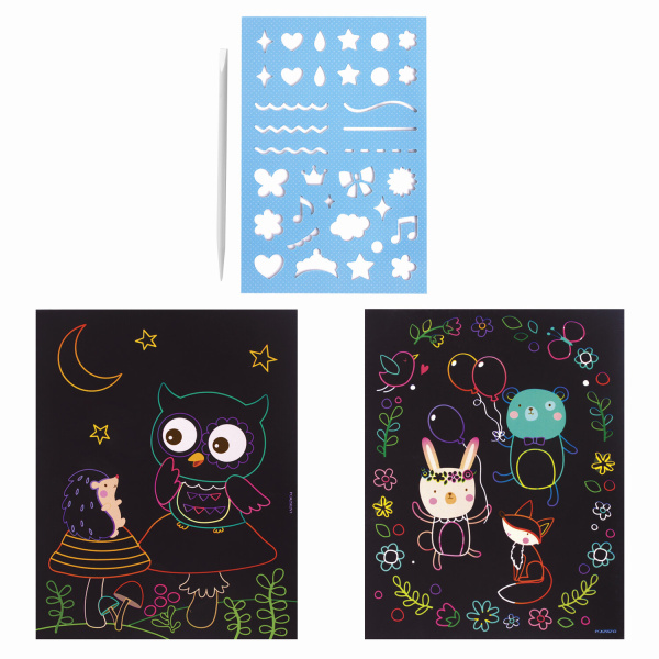 Гравюра магическая "Сова и ее друзья", А5, 2 основы в комплекте, с трафаретом, ЮНЛАНДИЯ, 662689 - Гравюры