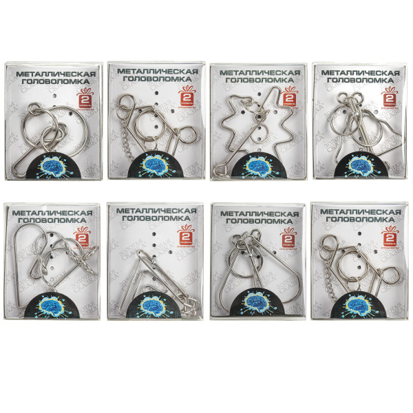 Головоломка металлическая большая ЗОЛОТАЯ СКАЗКА, 24 вида, в дисплее, разные уровни сложности, 664924 - Игрушки развивающие