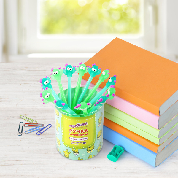 Ручка с топпером шариковая ЮНЛАНДИЯ "Цветущий кактус", корпус ассорти, СИНЯЯ, пишущий узел 0,7 мм, 143781 - Ручки фигурные