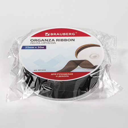 Лента органза ширина 25 мм, длина 30 м, черная, BRAUBERG, 591532 - Ленты для декора, рукоделия и упаковки подарков