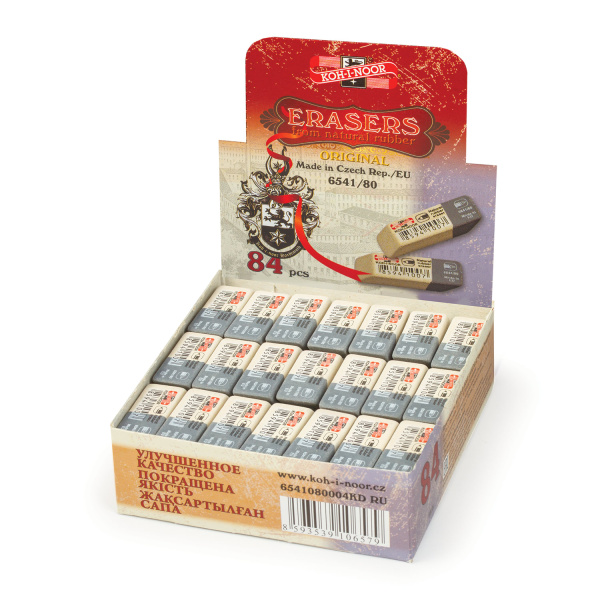 Ластик KOH-I-NOOR 6541/80, 41x14x8 мм, бело-серый, прямоугольный, скошенные края, натуральный каучук, 6541080004KDRU - Ластики классические