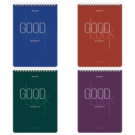 Блокнот А5 (146х206 мм), 80 л., гребень, картон, жесткая подложка, клетка, BRAUBERG, "Good Luck", 114384 - Блокноты