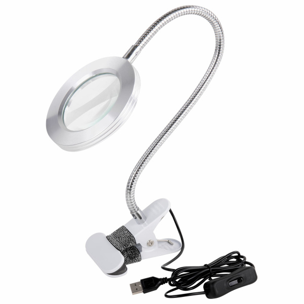 Лупа настольная на прищепке с LED ПОДСВЕТКОЙ, диаметр 75 мм, увеличение 3, BRAUBERG, 455931 - Лупы