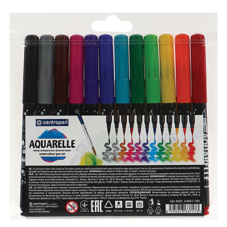 Маркеры-кисти акварельные 12 ЦВЕТОВ CENTROPEN "Aquarelle", линия письма 1-9 мм, 8683/12ET, 6 8683 1201 - Скетчмаркеры в наборах