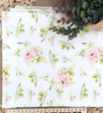 Ткань для рукоделия "Розовый цветок и зелень" 30*80 см. 100% хлопок, плотность 140 г/м2