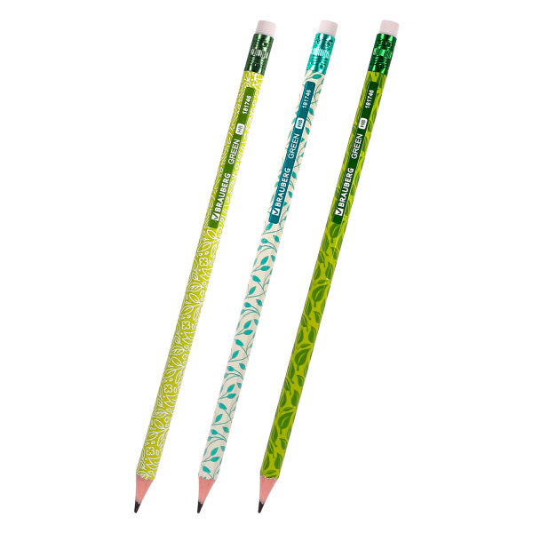 Карандаш чернографитный BRAUBERG "GREEN", 1 шт., HB, с ластиком, пластиковый, ассорти, 181746 - Карандаши чернографитные