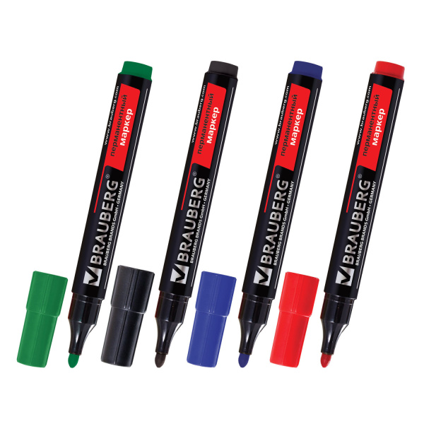 Маркеры перманентные BRAUBERG "Contract", НАБОР 4 ЦВЕТА, круглый наконечник 3 мм, 150474 - Маркеры перманентные