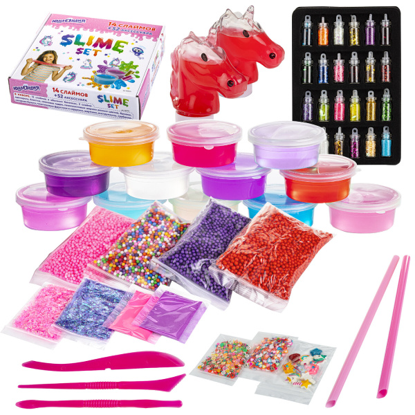 Набор слаймов 14 цветов, 52 аксессуара, в колорбоксе, ЮНЛАНДИЯ, 663777 - Игрушки релаксирующие