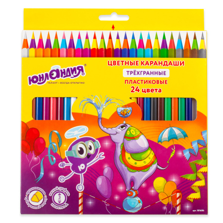 Карандаши цветные ЮНЛАНДИЯ "КАРНАВАЛ", 24 цвета, пластиковые, заточенные, трехгранный корпус, 181686 - Карандаши цветные