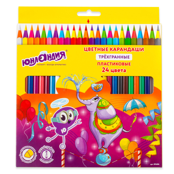 Карандаши цветные ЮНЛАНДИЯ "КАРНАВАЛ", 24 цвета, пластиковые, заточенные, трехгранный корпус, 181686 - Карандаши цветные