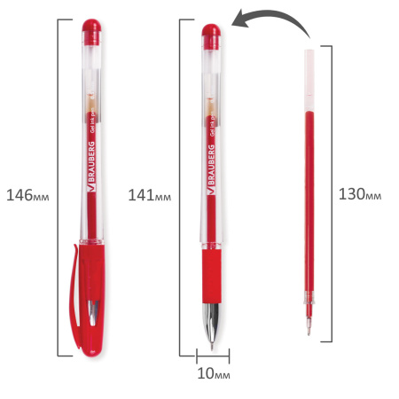 Ручка гелевая с грипом BRAUBERG "Geller", КРАСНАЯ, игольчатый узел 0,5 мм, линия письма 0,35 мм, 141181 - Ручки гелевые неавтоматические