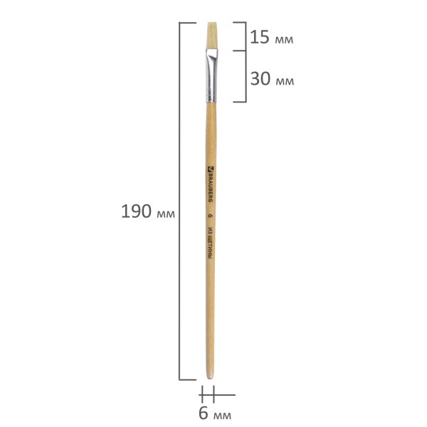 Кисть BRAUBERG, щетина, плоская, № 6, 200201 - Кисти для рисования