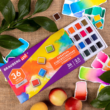 Акварель художественная в кюветах НАБОР 36 цветов по 2,5 г, BRAUBERG ART DEBUT, 191779 - Акварель художественная в наборах