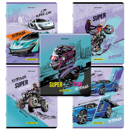 Тетрадь А5, 48 л., BRAUBERG, скоба, клетка, глянцевый лак, "Race" (микс в спайке), 404349 - Тетради 40-48 листов