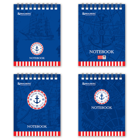 Блокнот МАЛЫЙ ФОРМАТ А6 108х146 мм, 48 л., гребень, мелованная картонная обложка, клетка, BRAUBERG, "Морские", ассорти, 125698