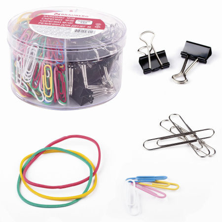 Набор BRAUBERG, зажимы 19 мм/15 шт., скрепки 28 мм/145 шт. и 50 мм/50 шт., резинки 40 шт., 223515 - Наборы канцелярских мелочей