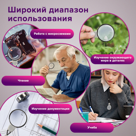 Лупа просмотровая нашейная STAFF, 4-х кратное увеличение, на шнурке, диаметр 50 мм, 455432 - Лупы