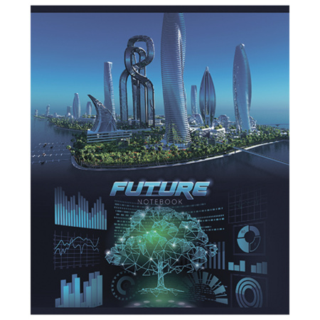 Тетрадь А5, 48 л., ПЗБМ, скоба, клетка, ламинация, фольга, выборочный лак, "Города будущего" (5 видов), 029623 - Тетради 40-48 листов